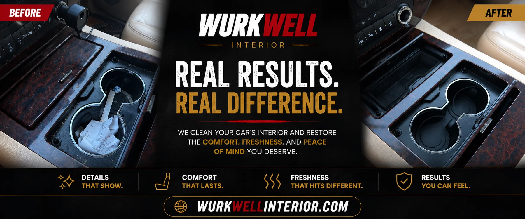 Before and after vehicle console interior cleaning
